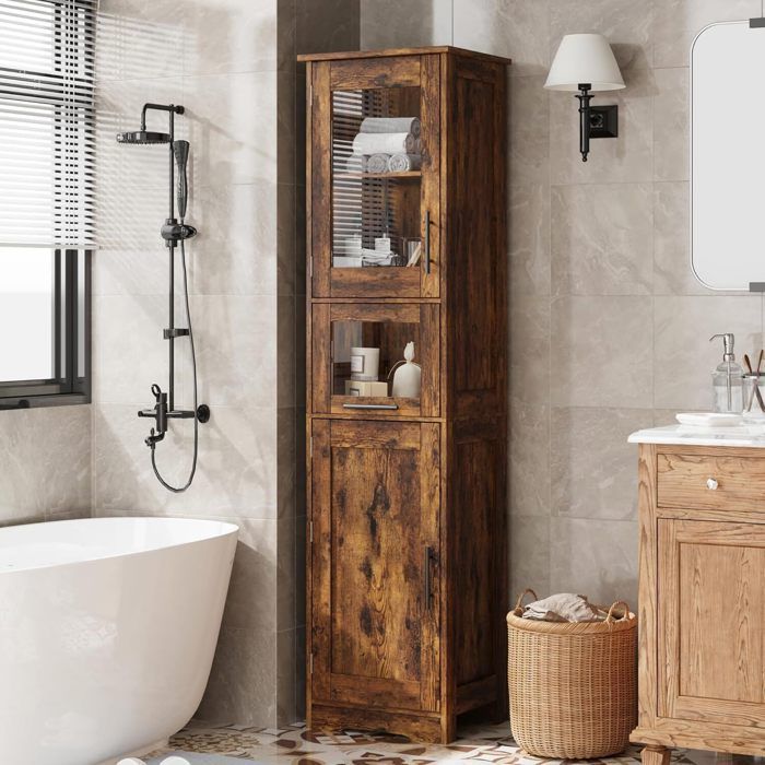 Columna de baño de 5 niveles con 2 puertas, armario de almacenamiento para baño, estante ajustable, dispositivo antivuelco, 40x31x170cm