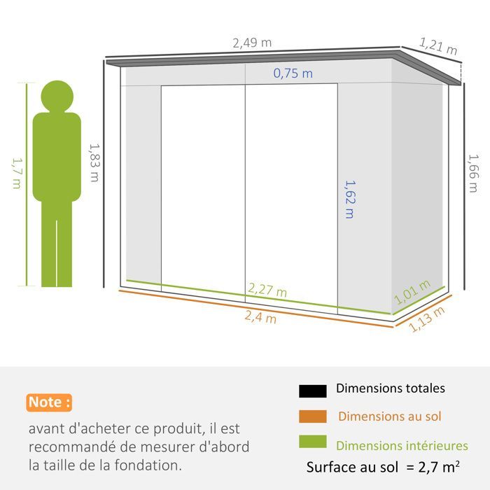 3m² trädgårdsskjul - Outsunny - 249x121x183cm - handskar, låsbara dubbeldörrar, ventilation, galvaniserad stålplåt - ljusgrå