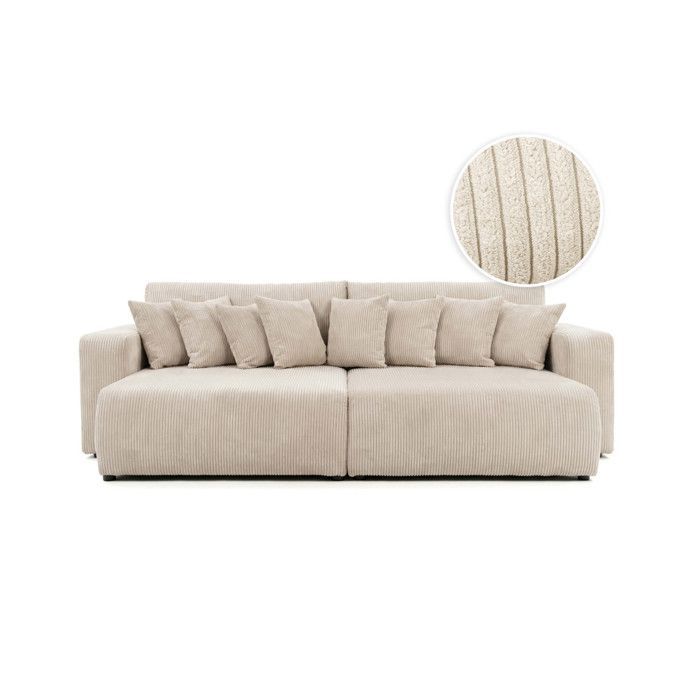 Canapé droit 4 places JADE double méridienne et assise profonde en velours côtelé - Beige