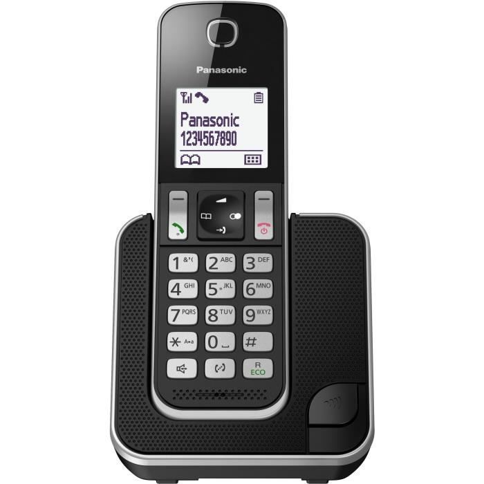 Panasonic KX-TGD310FR zwarte draadloze digitale telefoon met geïntegreerd antwoordapparaat, handsfree-functie en nummerweergave.
