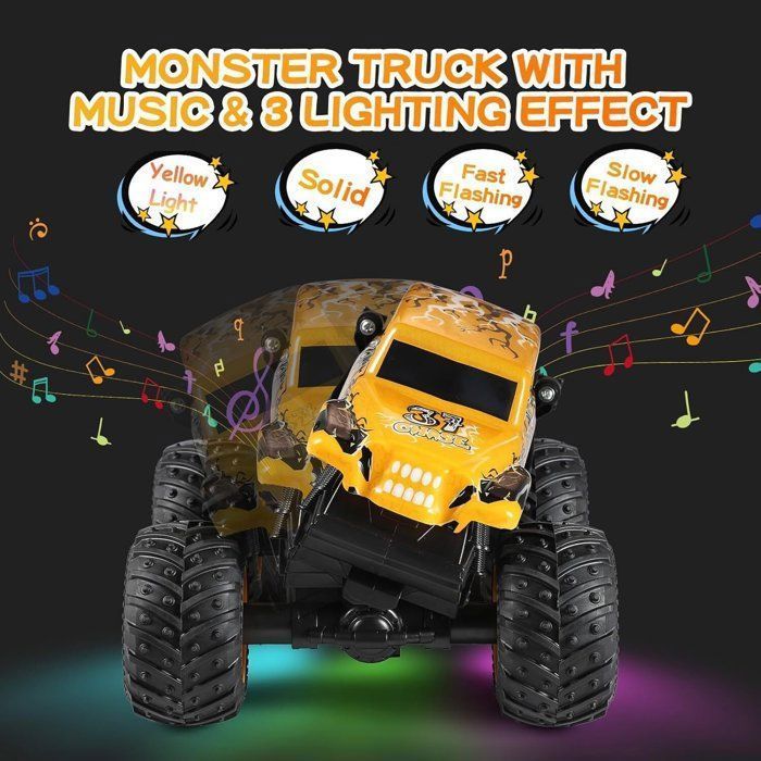 Voiture Télécommandée, Monster Truck, 1:20 RC Tout Terrain, avec LED Musique et 360°Rotation, Cadeau Enfant 4+ Ans, Jaune