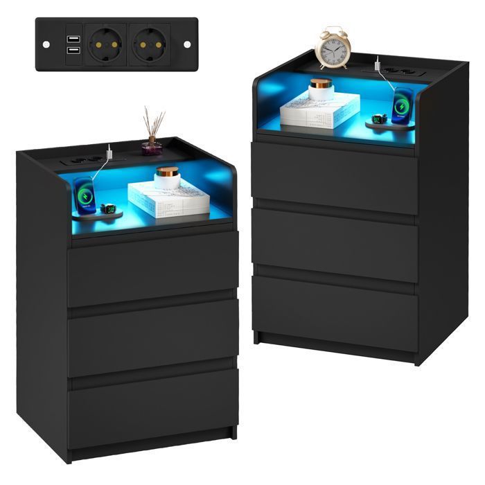 Lot de 2 Table de Chevet 40×35×68cm, 3 Tiroirs, 2 USB Ports et 2 Prises, LED Réglable, Moderne, Scandinave, Noir