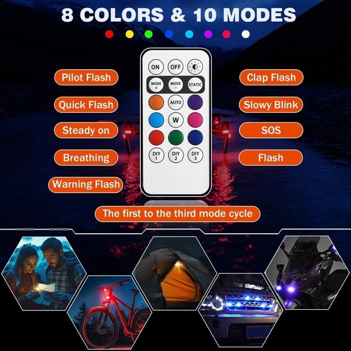 Set di 6 luci stroboscopiche a LED wireless a 8 colori con telecomando - Ricaricabili tramite USB, anticollisione per auto, moto e camion