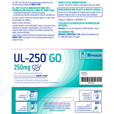 UL 250 UL-250 Go 250 mg CNCM I-745 Pulver Symptomatisk behandling av akutt diaré 10 hetteglass 10 hetteglass