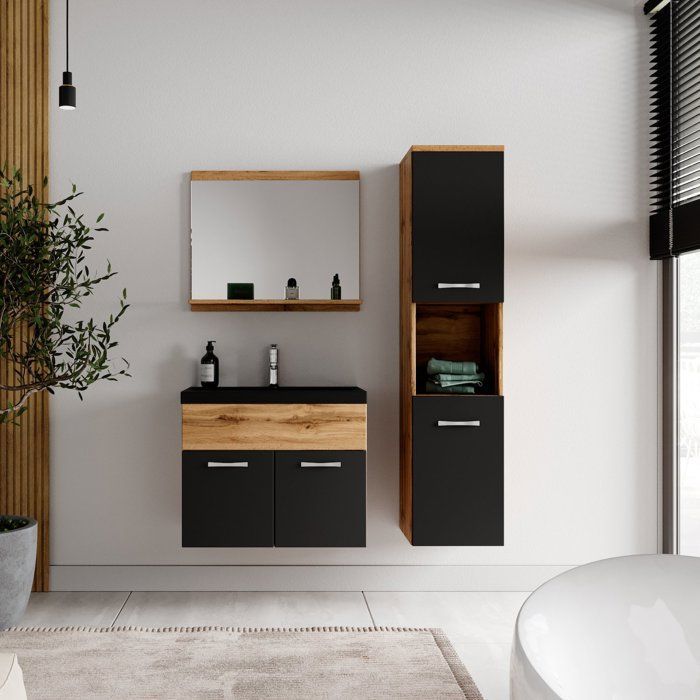 Ensemble de meubles de salle de bain Montreal 60 cm - Noir mat - Chene - Armoire de rangement