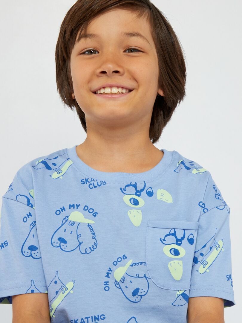 Bedrukt T-shirt met borstzak - BLAUW