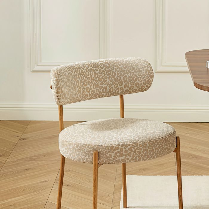 Set of 2 NOA chairs in beige leopard print fabric with metal legs and wood finish