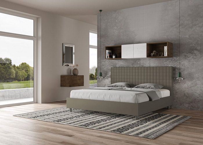 Cama king size - Ityhome - 200x210 cm - Piel sintética color capuchino - Cabecero tapizado - Diseño contemporáneo