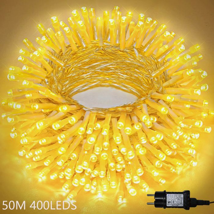 Guirnalda de luces navideñas para exteriores, luz blanca cálida, IP44, 50 m, 400 LED, bajo voltaje, 8 modos, memoria, temporizador, decoración de patio.