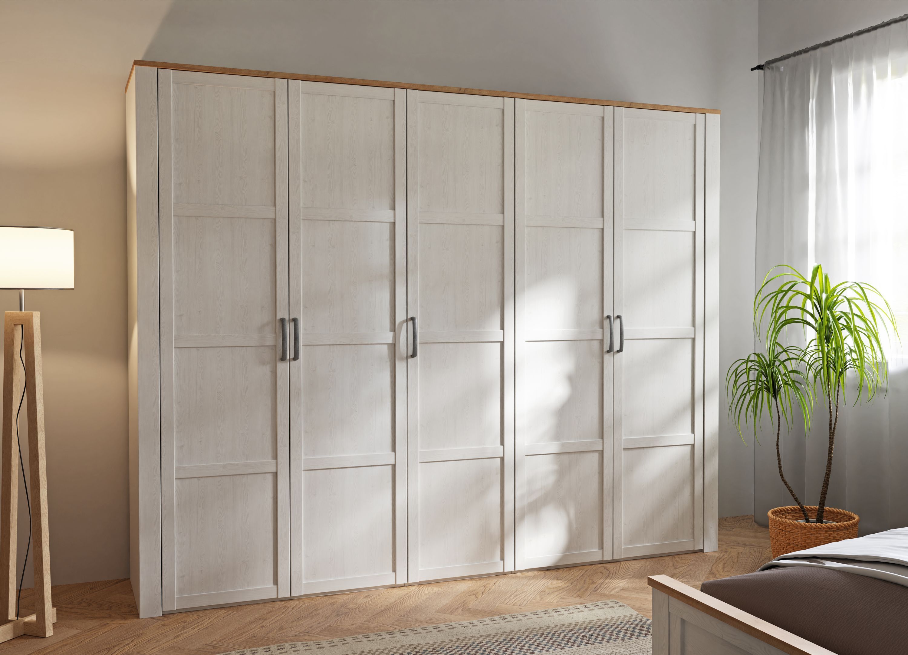 Armoire de chambre - BOHOL - Décor Chêne et Blanc - 5 portes battantes - L265,6 x P59,6 x H214 cm