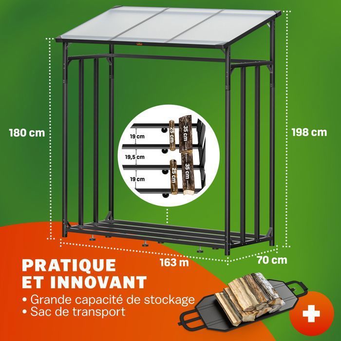 GARDEBRUK® Étagère pour bois de cheminée XXL Noir Abri bûches en acier avec toit Stockage du bois Étagère à bûches extérieur