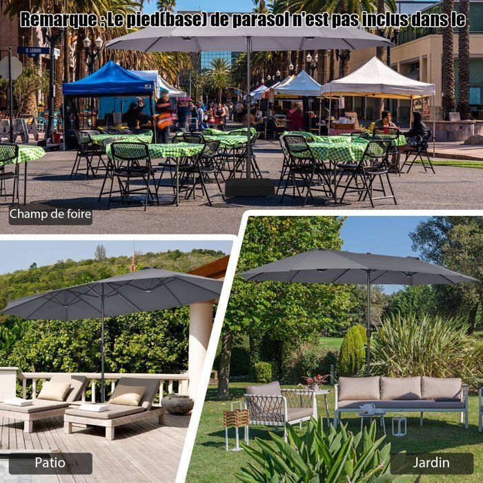 Ombrellone da giardino doppio XXL COSTWAY - 470x280x245 cm, con 12 stecche, sistema a manovella, struttura in metallo, telo in poliestere, grigio