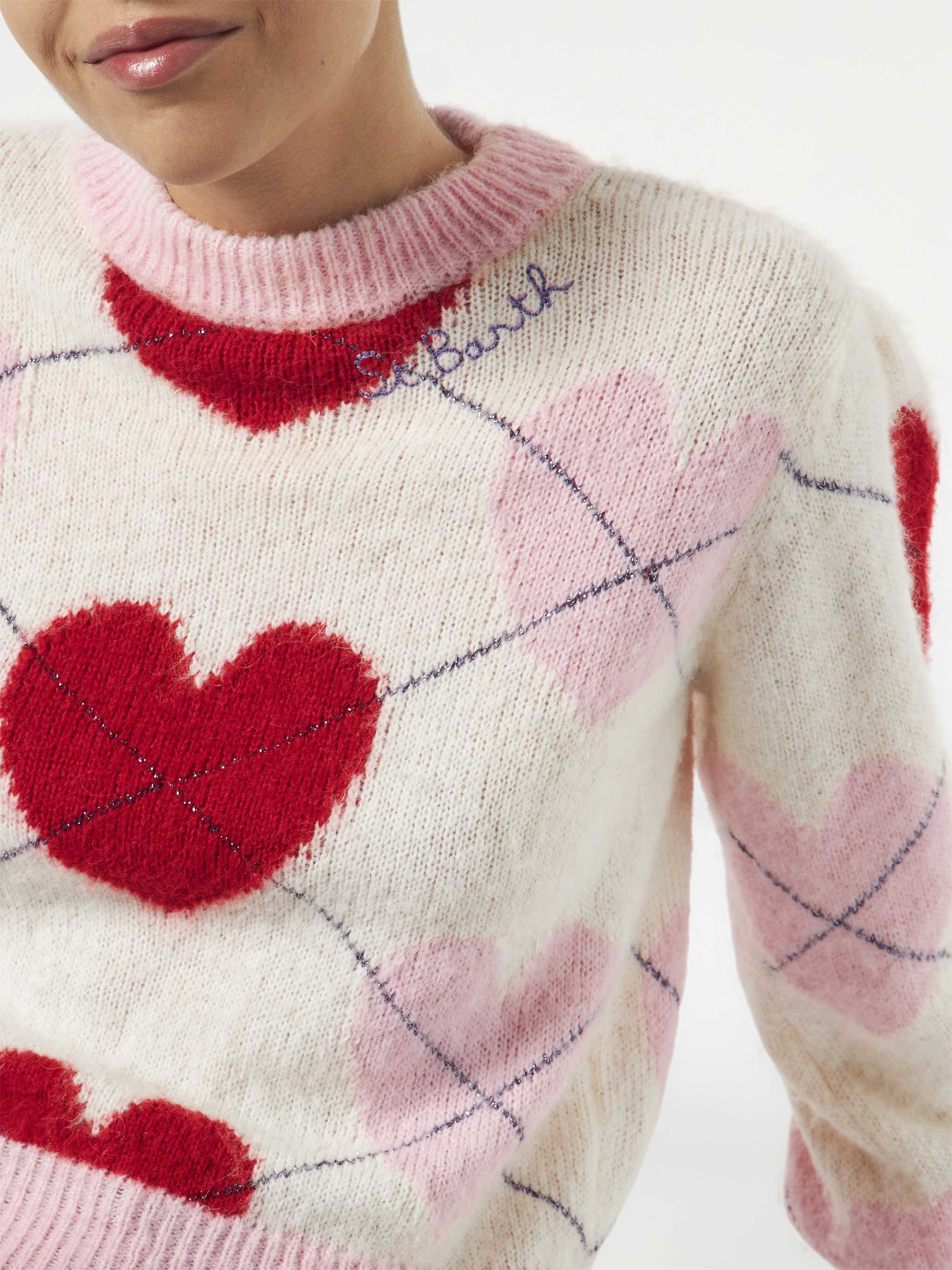 Damestrui van geborsteld leer met argyle jacquard en hartjes.