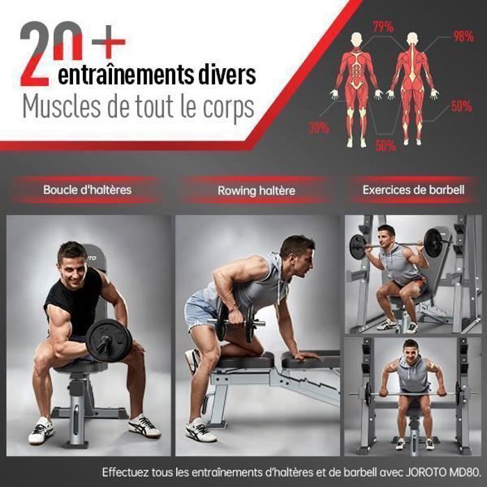 Banc de musculation - JOROTO - MD80 - Réglable 4 en 1 - Inclinable pliable - Capacité 450 kg
