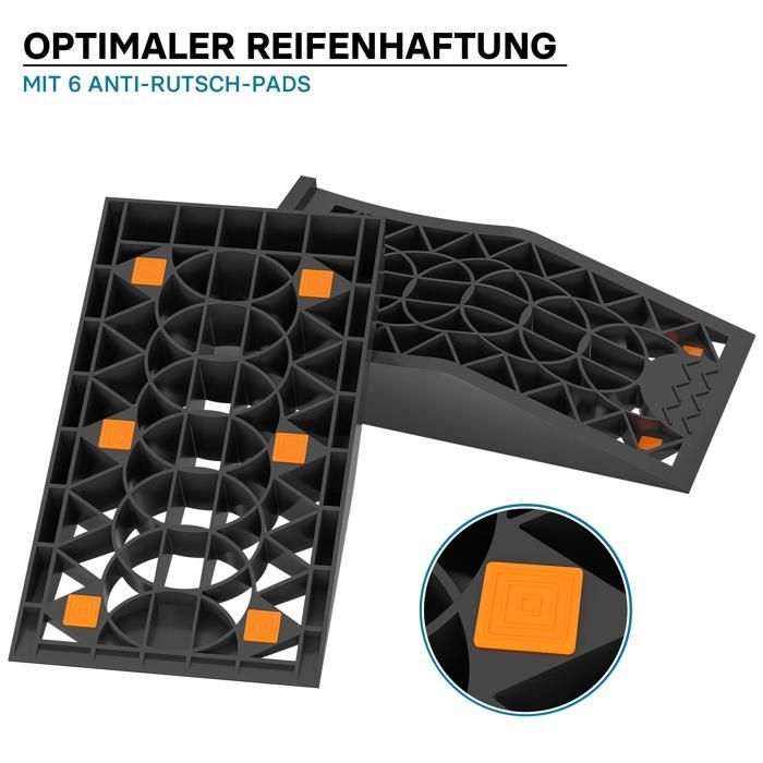 Juego de 2 rampas de acceso extra planas para coches Wiltec – 430 x 235 x 80 mm – Fabricadas en PP resistente – Capacidad máxima 3 t – Calzos para ruedas de vehículos