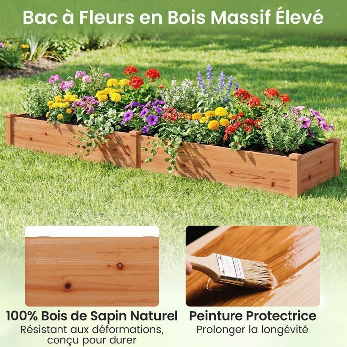 Huerto elevado de madera COSTWAY, 240 x 60 x 25 cm, 2 jardineras, base abierta, huerto para flores, hierbas y frutas, color naranja.