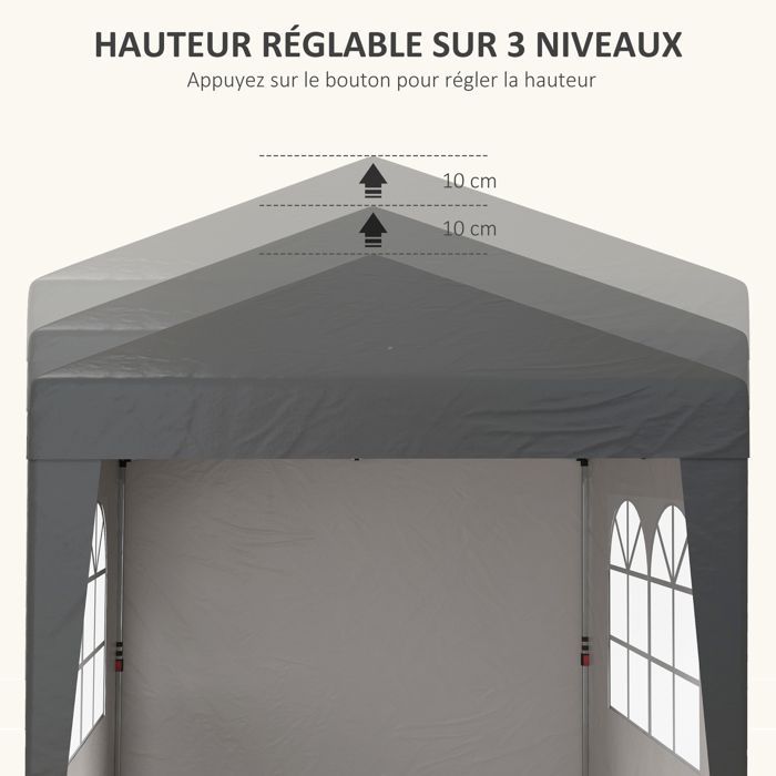 Garden gazebo - Outsunny - folding pop-up reception gazebo, adjustable, UV-resistant, 3 walls, 4 bags - steel - 2x2m - grey