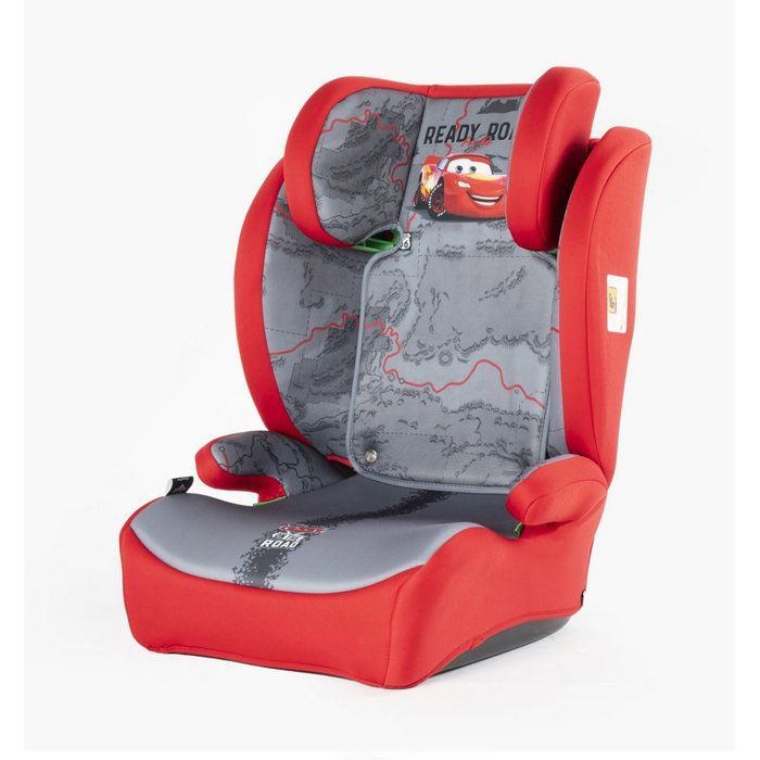 Tataway Disney Cars autostoel voor kinderen van 100-150 cm, met Lightning McQueen-afbeelding en een rood/grijze achtergrond.