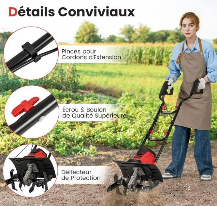 Motoculteur Electrique Filaire - RELAX4LIFE - 1200W - 4 Lames - Profondeur de Travail 22CM - Largeur de 36CM - Guidon Pliant -Rouge