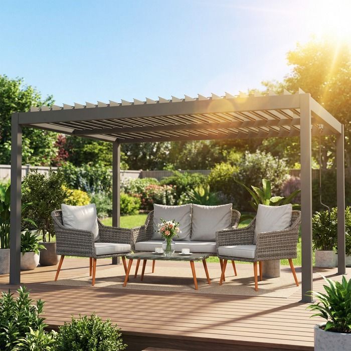 Pérgola bioclimática Outsunny - lamas ajustables, manivela - protección solar, impermeable - aluminio - 4x3m - gris oscuro