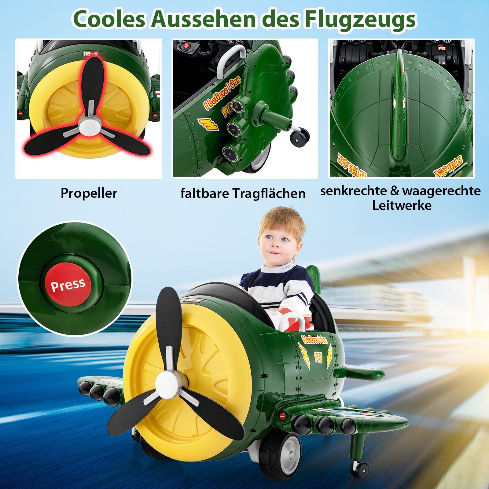 COSTWAY Elektrisches Kinderauto, elektrisches Flugzeug mit Propeller, Flugzeugspielzeug