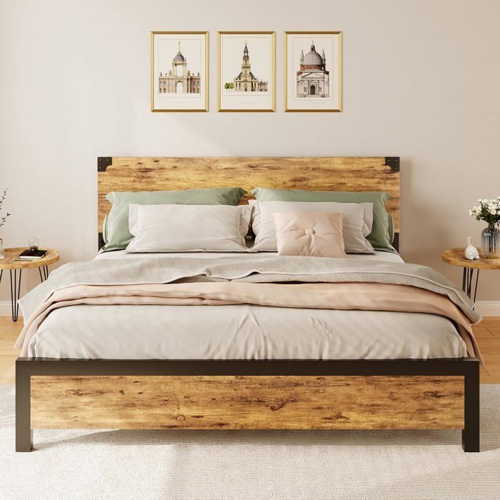 Cadre de lit king size - Garvee - 208x200x95 cm - Neuf pieds de soutien - 12 lattes nervurées - Supporte 318 kg