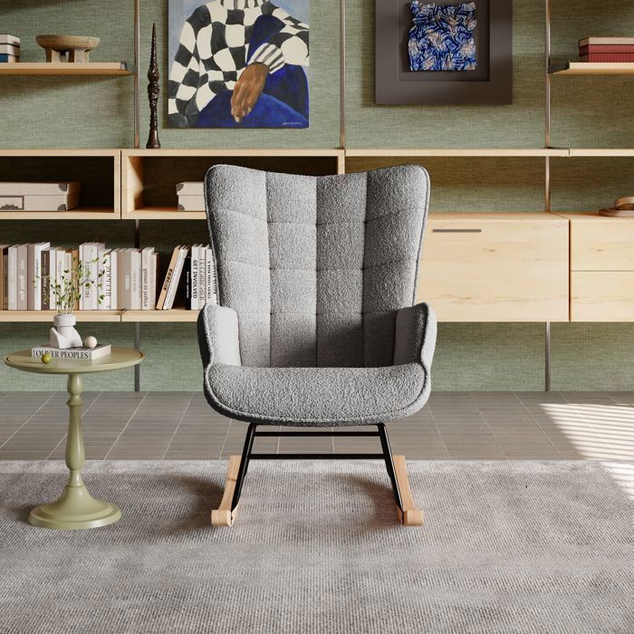 Fauteuil à Bascule, ADWOLT, rocking chair Velours Teddy, Fauteuil de Relaxation, Bois et Cadre en Métal, chaise a bascule,Gris foncé
