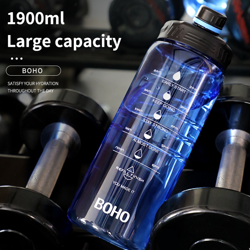 FEIJIAN 2-Liter-Wasserflasche mit Strohhalm, große tragbare Reiseflasche, Sport- und Fitnessbecher mit Zeitskala