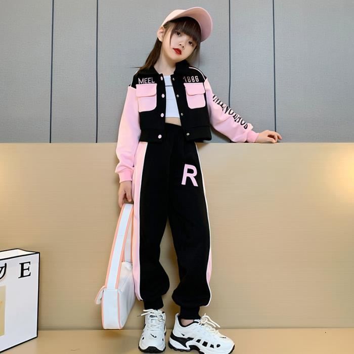 Conjunto de ropa de otoño de 2 piezas para niña: chaqueta corta + pantalón casual de manga larga, rosa.