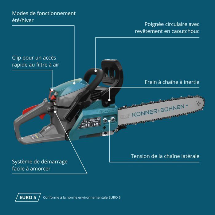 Könner & Söhnen KS CS20G-16 Benzin-Kettensäge – 1600 W – 40 cm Führungsschiene – Trägheitsbremse und automatische STOP-Taste