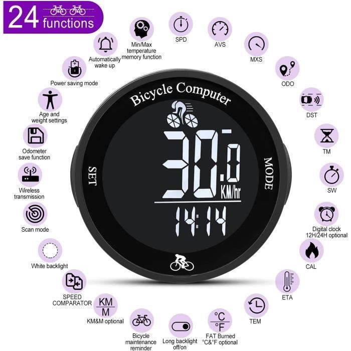 Compteur de Vélo Sans Fil étanche, 24 Fonctions, Compteur kilométrique, Chronomètre avec Rétroéclairage pour vélo de route et VTT