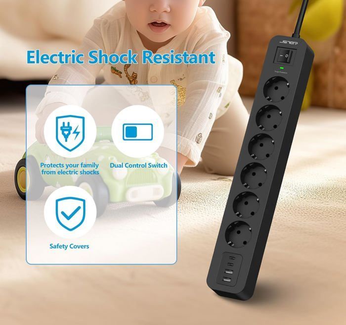 Regleta protectora contra sobretensiones USB de 6 tomas con 2 puertos USB-A + 2 puertos USB-C + cargador (5V 3.4A)