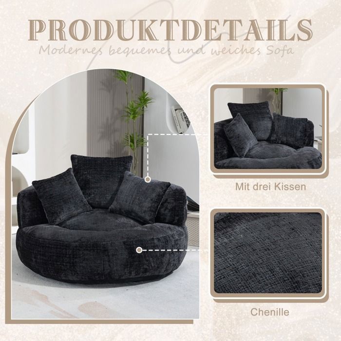LEMONBEST Poltrona a sacco a 2 posti in ciniglia nera, 108×108×52 cm con 3 cuscini - Poltrona relax
