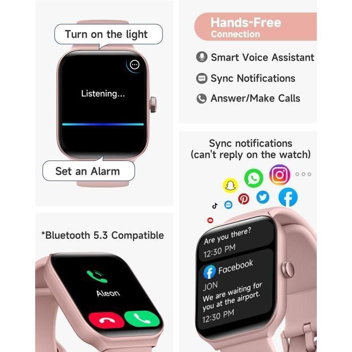 Smartwatch rosa da donna, impermeabile IP68, touchscreen da 1,95 pollici, per rispondere/effettuare chiamate, fitness tracker