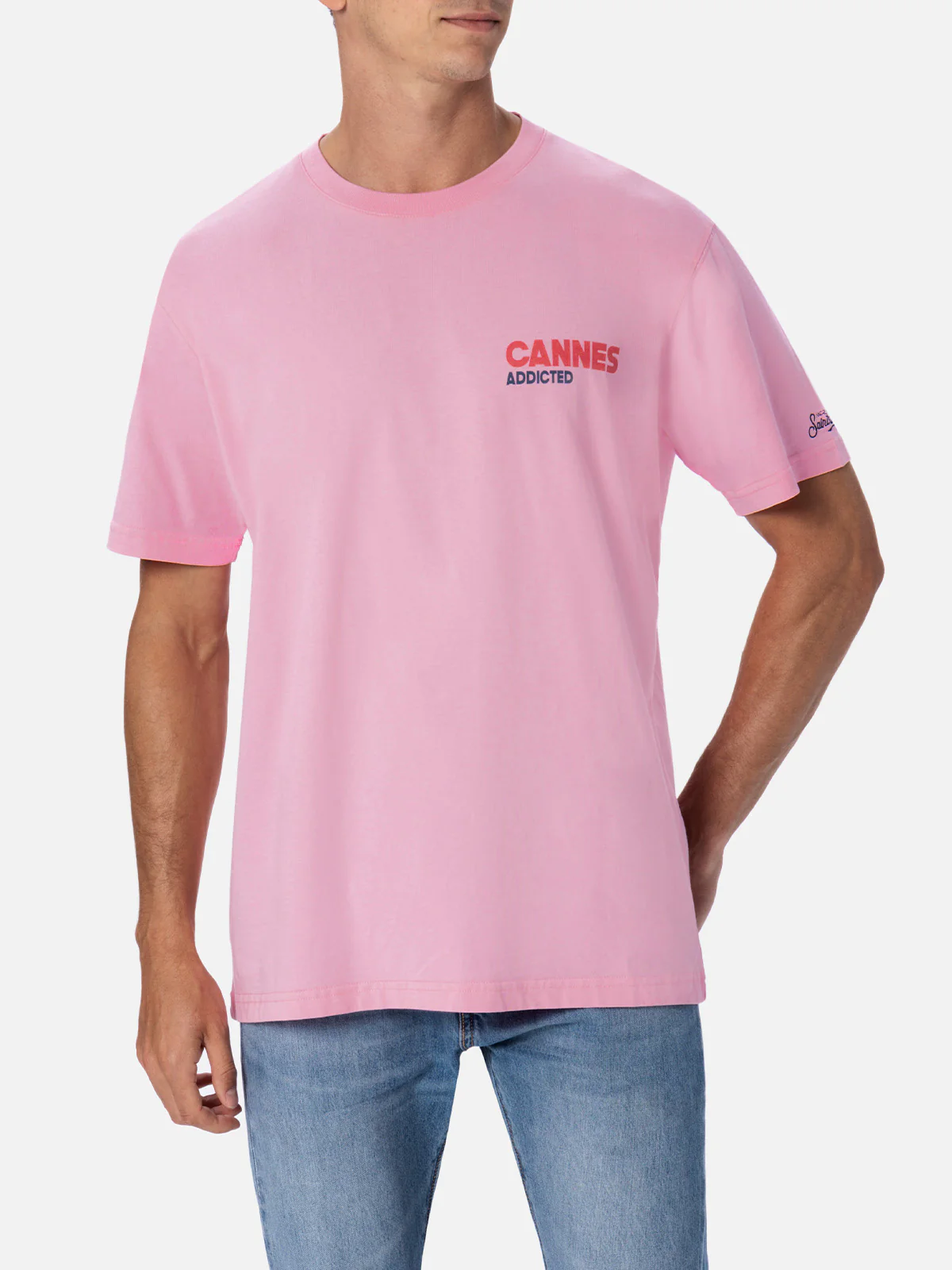 Heren katoenen T-shirt met print van een ansichtkaart van Cannes Addicte