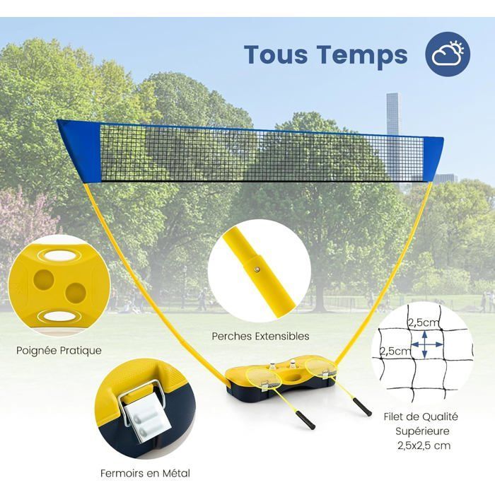 Juego de red de bádminton portátil GYMAX de 275 cm, con 2 raquetas, 2 volantes, caja de almacenamiento, fácil montaje - Amarillo