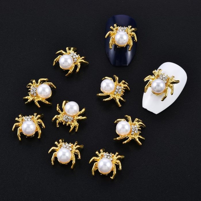 Lot de 10 breloques pour ongles 3D araignée dorée pailletée, bijoux, perles, alliage, décorations et outils pour ongles, autocollants