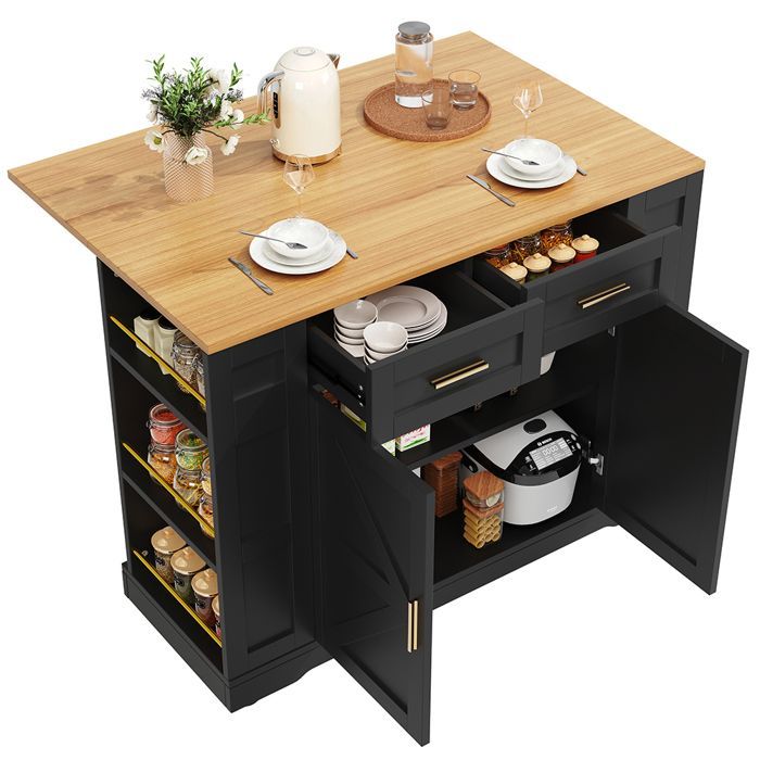 Isla de cocina, carrito de servicio moderno con acabado de vetas de madera, mesa extensible, armarios ajustables, color negro.