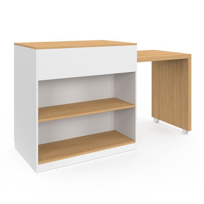 IDMARKET VITO 94-155 cm white wood central island with integrated extendable beech-effect dining table
