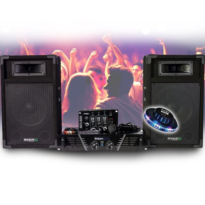 COMPLETE PA SYSTEM DISCO 480W IBIZA SOUND DJ300 Amplifier - Mixer - Speakers - Microphone, UFO LED Light Show