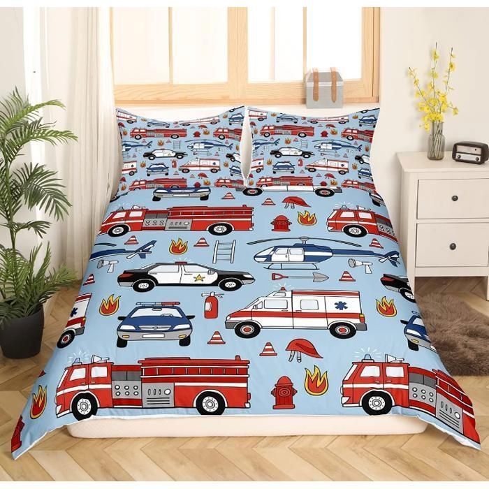 Juego de ropa de cama de dibujos animados de coche de policía, camión de bomberos, funda nórdica roja de 90x190cm para niños y niñas, umbral de puerta de coche