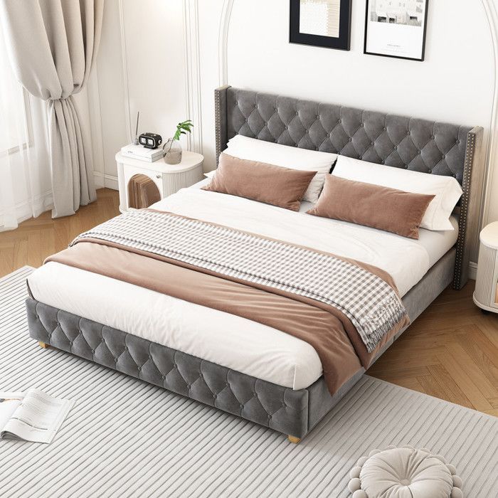 140x190 cm bed with slatted base and headboard, velvet double bed with wooden legs, upholstered double bed, grey
