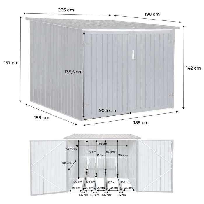 Cobertizo para bicicletas. Capacidad para 4 bicicletas. Acero galvanizado gris. Ancho 203 x Profundidad 198 x Alto 157 cm