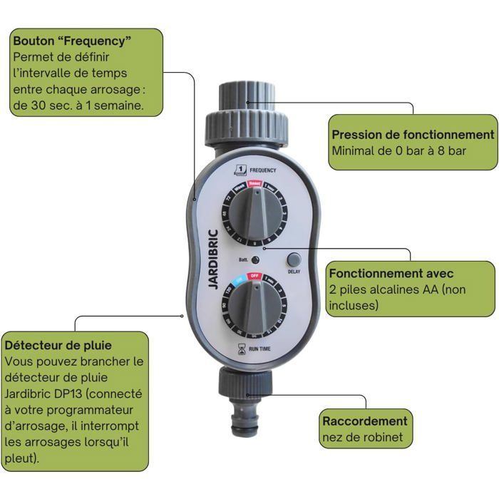 Temporizador de riego Jardibric - 1 canal - Mecánico - 0 a 8 bar - Duración ajustable hasta 2 horas
