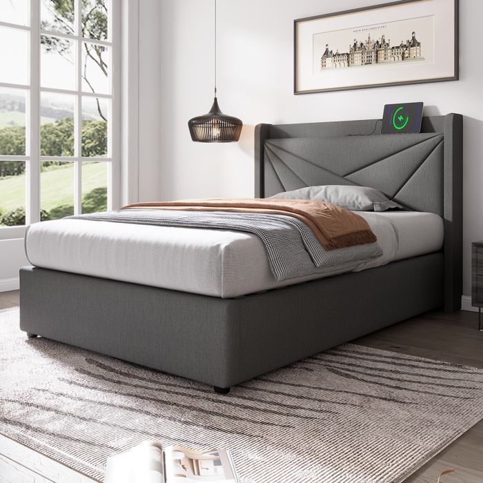 Bett mit Stauraum – MODERNLUXE – 90 x 200 cm – Leinenbezug – USB-Anschluss – Lattenrost
