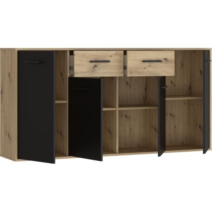 PILVI Dressoir - Moderne stijl - Melamine spaanplaat - Eiken en zwarte afwerking - 4 deuren + 2 lades - B 162,3 x D 34,2 x H 81,7 cm