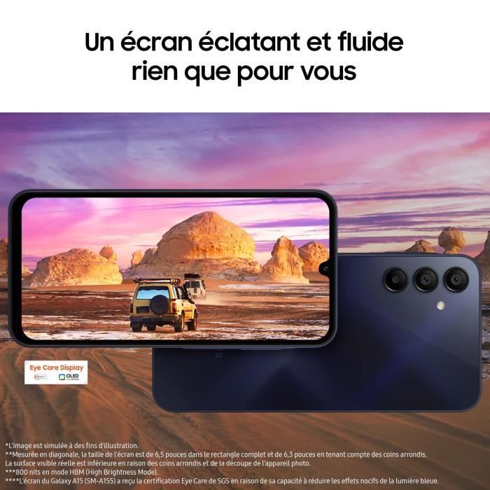 Smartphone Samsung Galaxy A15 4G de 128 GB, color azul medianoche.