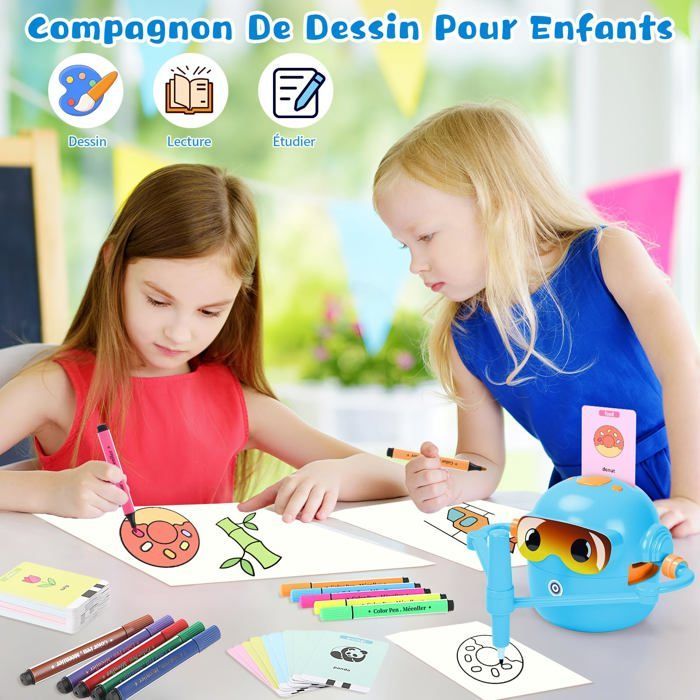 Robot Dessin Enfant - BLEOSAN - 100 Cartes (Animaux, véhicules, plantes) - Rechargeable - Stylo inclus - 3+ ans