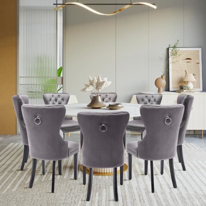 Juego de 8 sillas de comedor de terciopelo gris - Estilo escandinavo - Patas de madera maciza negra - 91x50x54cm