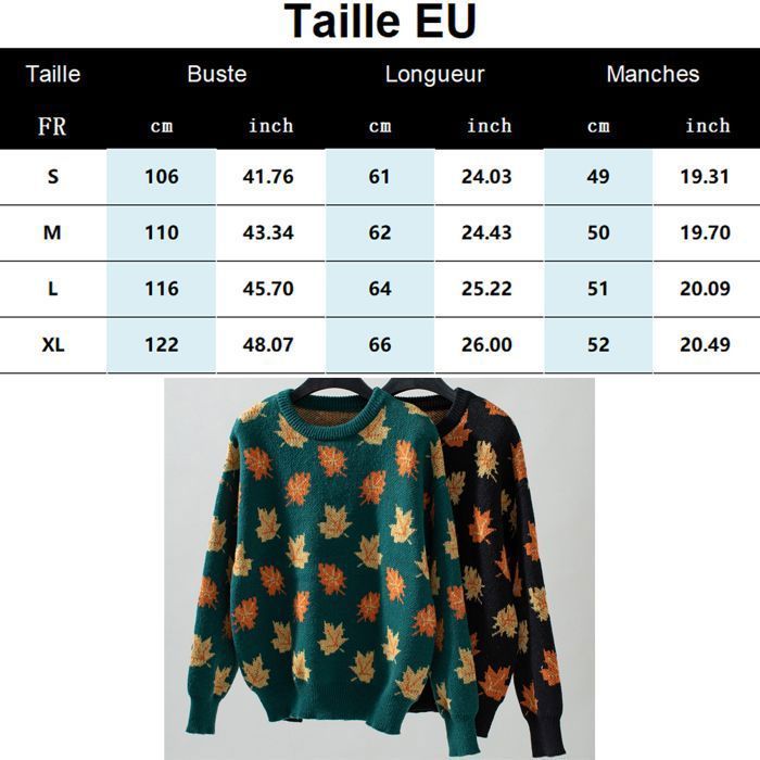 Pull Femme – Feuilles d’Érable Jacquard – Automne Hiver – Col Rond – Manches Longues-Noir